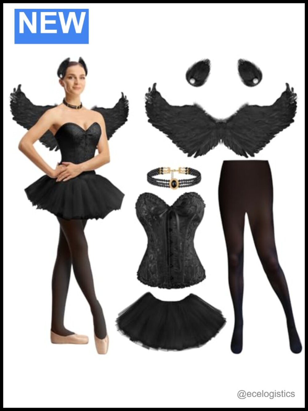 Swan Women's Costume Set Corset Tutu Feather Wings Choker Hair Clips Pantyhose